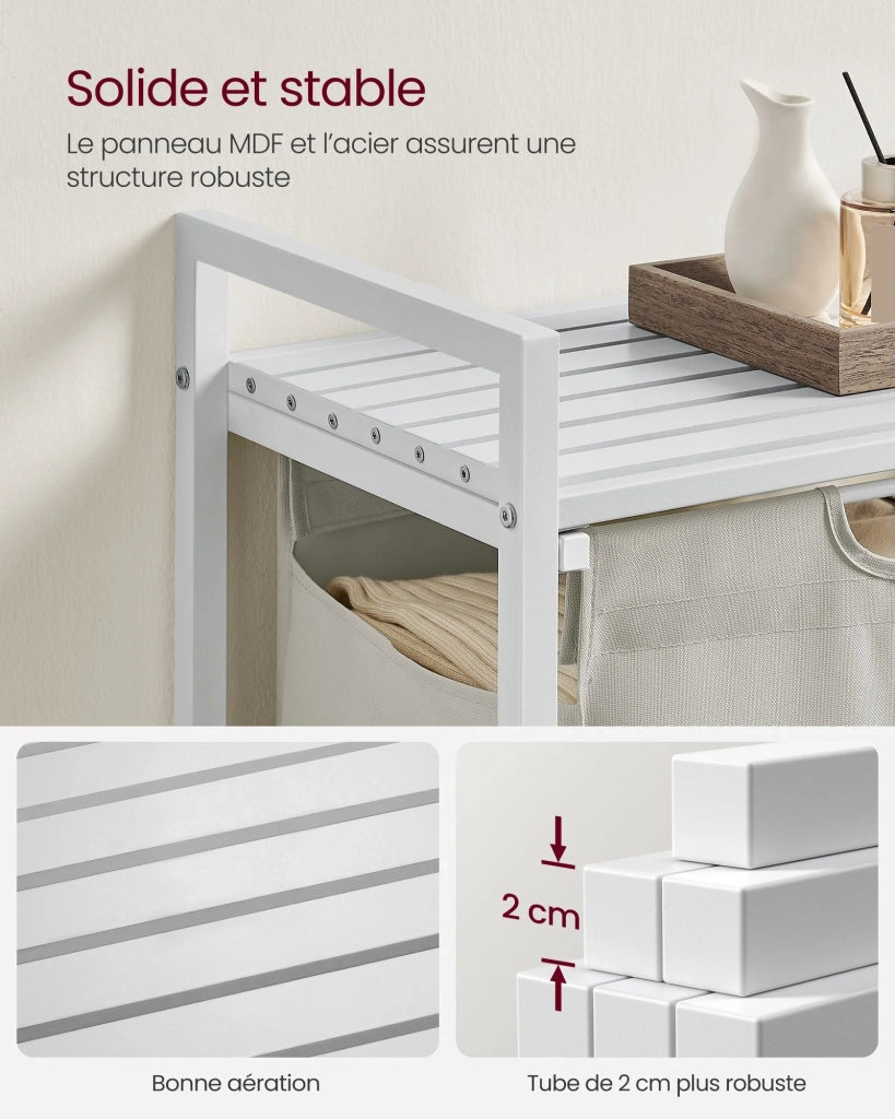 Cesto portabiancheria con 3 scomparti e 1 ripiano rimovibile per sacchetti capacità 38 litri per sacchetto per bagno o lavanderia bianco 12_0006766