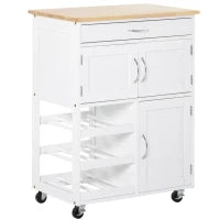 Carrello Cucina con Portabottiglie, 3 Ante, 4 Ruote e Cassetto, Mobiletto Cucina Salvaspazio per Microonde e Spezie in Legno, 67x37x87 cm, Bianco e Rovere