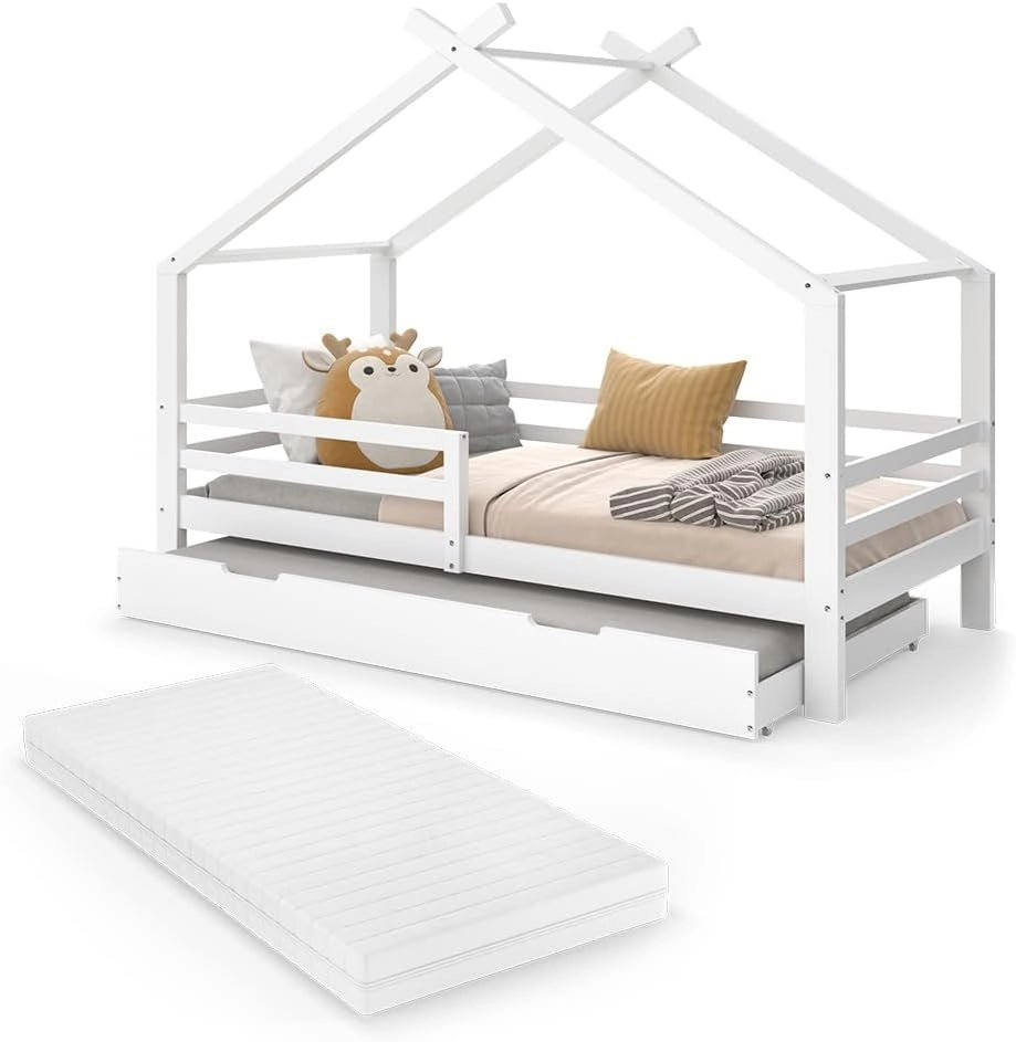 Letto montessori bambini Luni, Bianco, 200 x 90 cm con letto e materasso per ospiti, come una piccola casa per un'atmosfera calda
