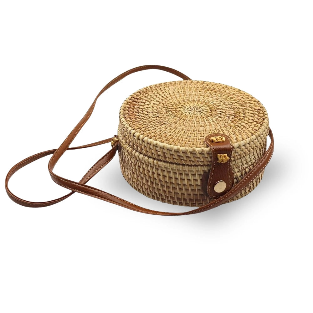 Borsetta rotonda in vimini intrecciato con tracolla simipelle marrone cm 20x7,5