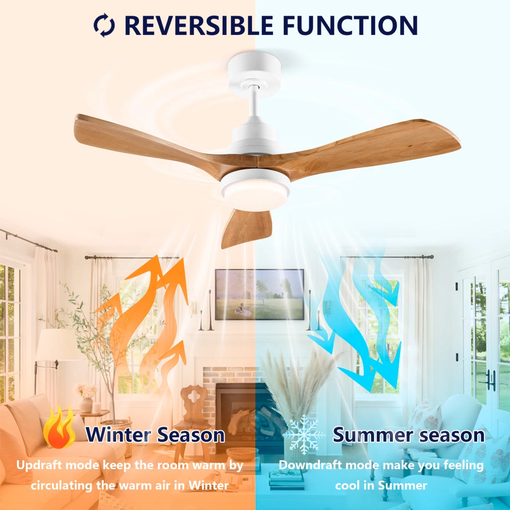 Ventilatore da soffitto con luce a 3 pale in legno e telecomando bianco e naturale per interni ed esterni coperti