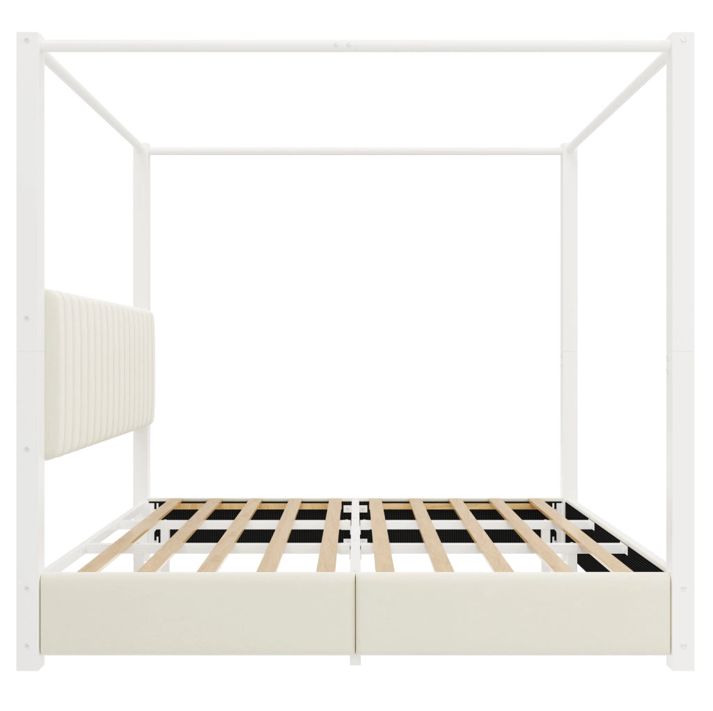Letto a baldacchino 180x200 cm con testiera imbottita in velluto MDF metallo beige e bianco