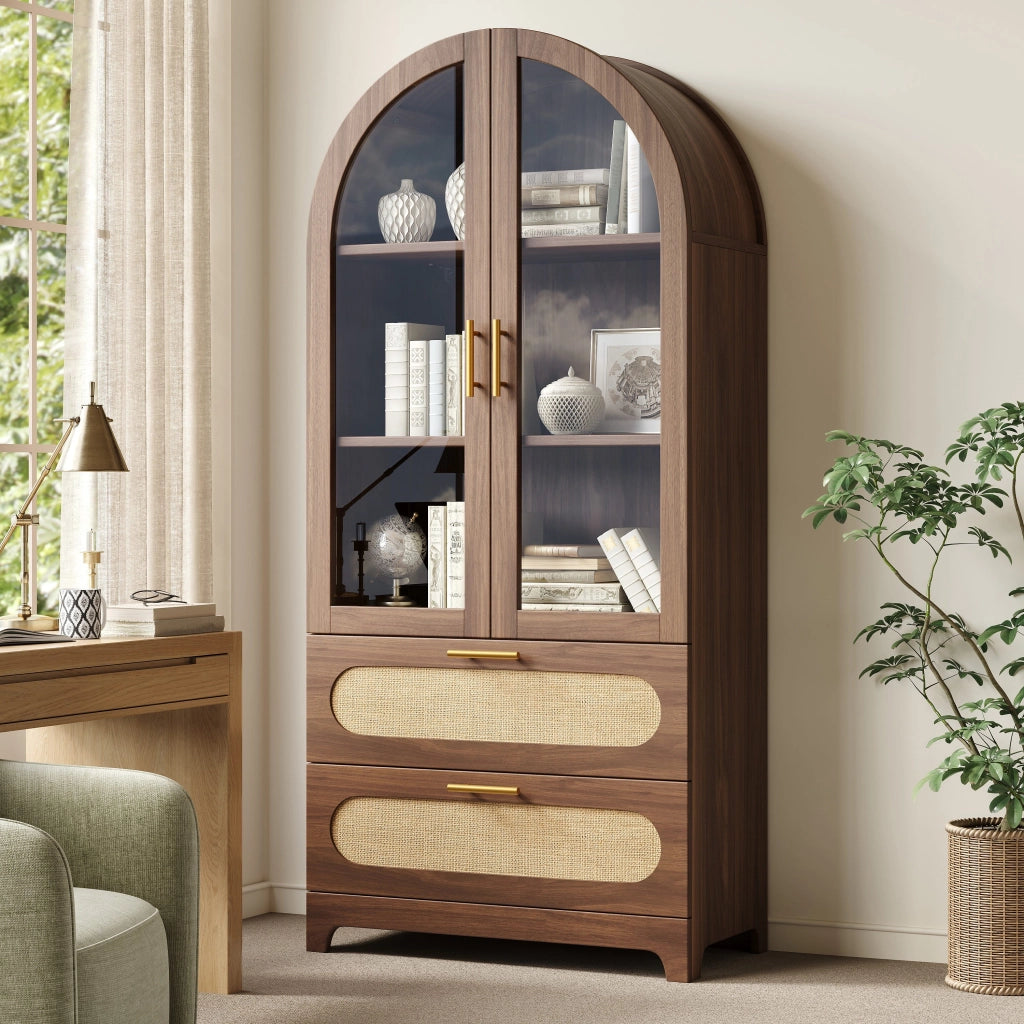 Vetrina, libreria, arco in vetro, 2 cassetti, ripiani regolabili, color noce