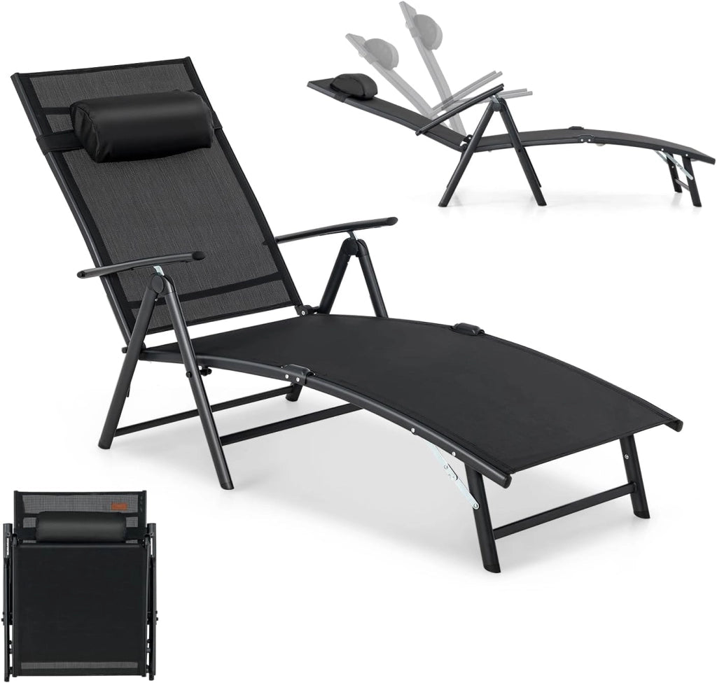 Sedia a sdraio con poggiatesta, lettino pieghevole con schienale regolabile in 7 posizioni, carico 150 kg, sedia da esterno ergonomica con braccioli, 142 x 61 x 103 cm (nero)