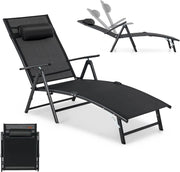 Sedia a sdraio con poggiatesta, lettino pieghevole con schienale regolabile in 7 posizioni, carico 150 kg, sedia da esterno ergonomica con braccioli, 142 x 61 x 103 cm (nero)