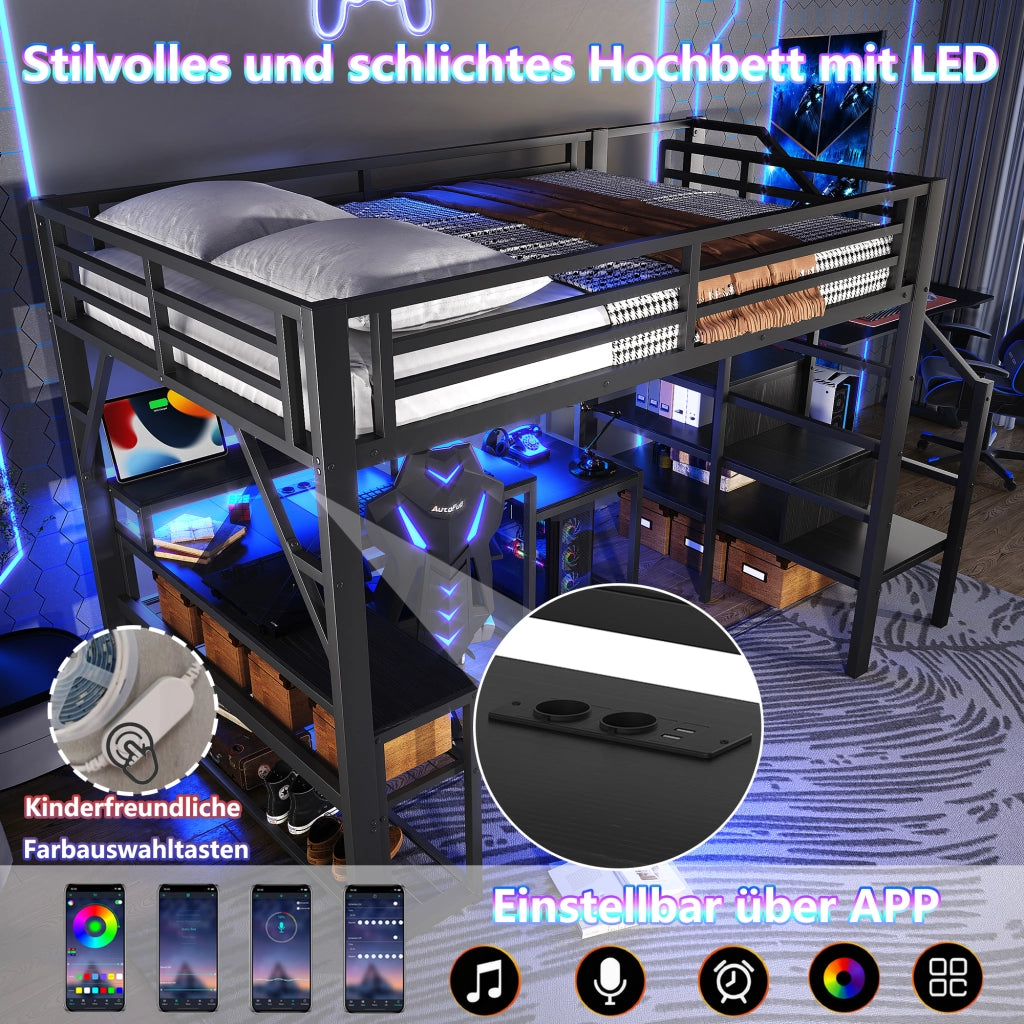 Letto a castello nero in metallo con funzione scrivania e illuminazione LED 140x200 cm