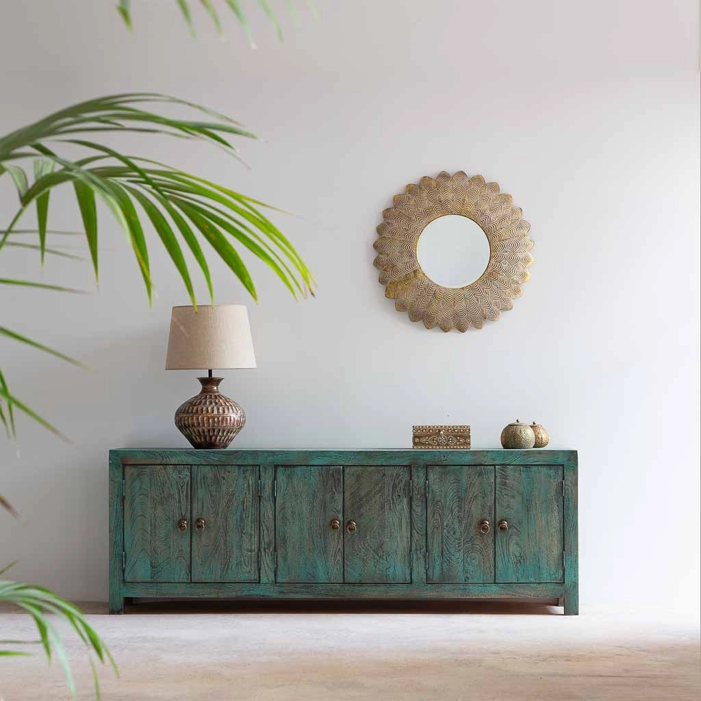 Credenza a 6 ante in legno con finitura verde anticato, cm 200x40x70h