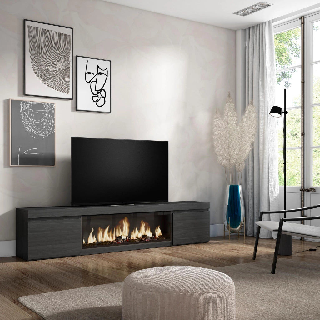 Mobile TV Soggiorno, 208x35x45cm, Per TV fino a 80", Camino elettrico XXL, Nero RF3256