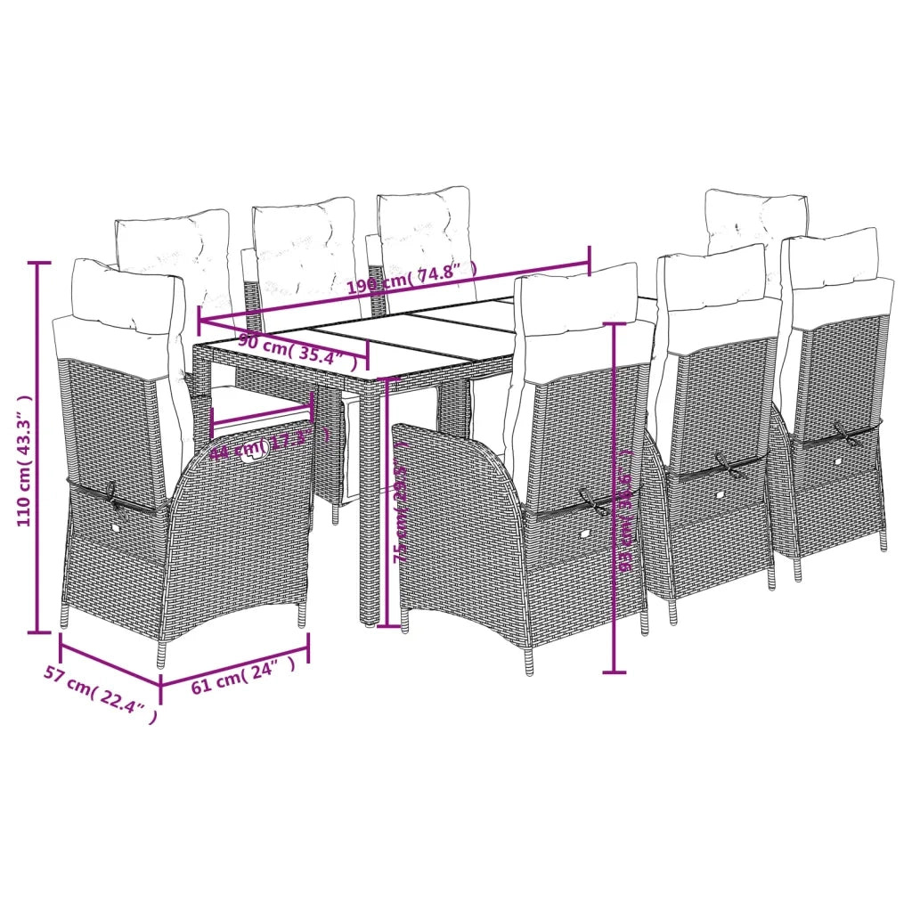 Set da Pranzo da Giardino 9 pz con Cuscini Nero in Polyrattan
