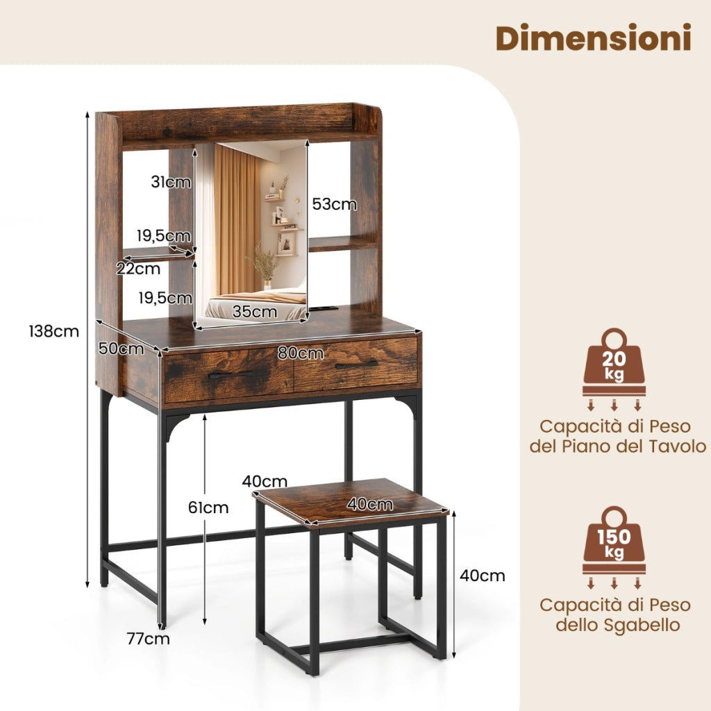 Set da tavolo da toeletta con specchio cassetti ripiani aperti e armadio-Tavolo da trucco con stazione di ricarica Marrone rustico