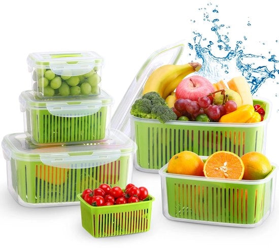 Set di contenitori per alimenti con coperchio e setaccio, 5 contenitori (5,8 l + 3,8 l + 2,3 l + 1,3 l + 0,7 l), BPA-free, impermeabili, contenitori per alimenti separati, set di organizzatori per frigorifero, conservazione di insalate e frutta, verdura