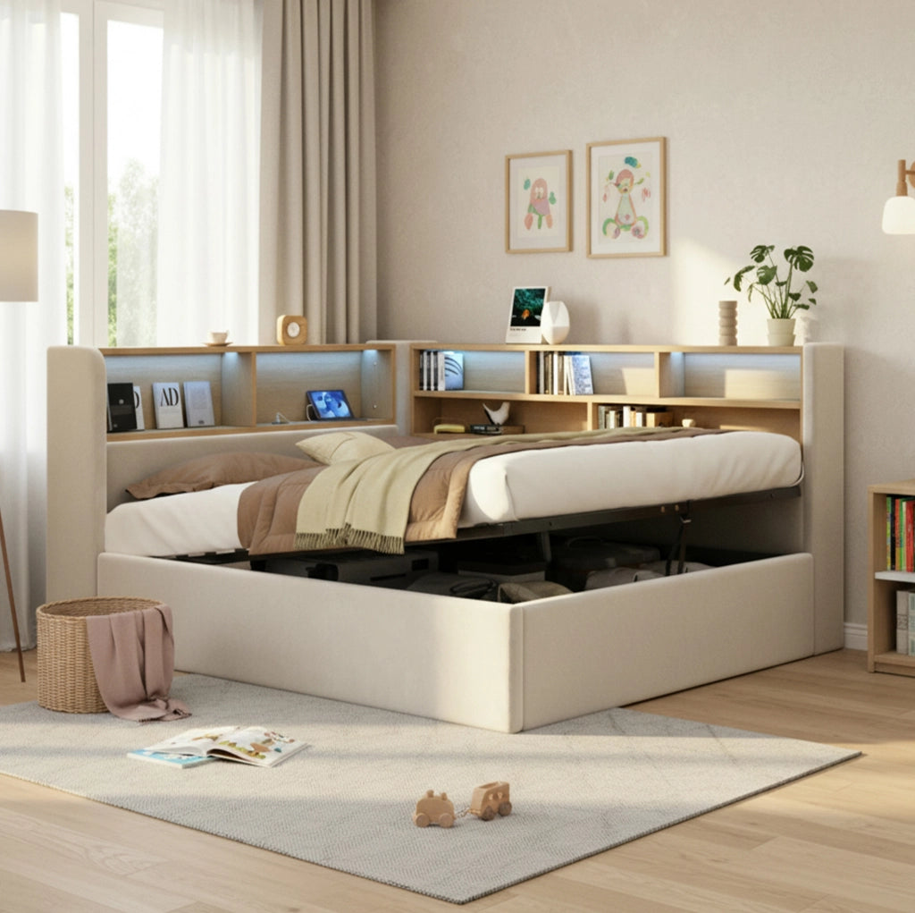 Letto con contenitore idraulico; LED e USB in velluto beige