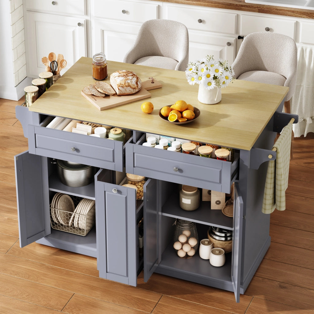 Isola cucina mobile con piano ribaltabile, 2 cassetti grandi, cassetti verticali, ruote frenanti, 121 x 49(69) x 89 cm
