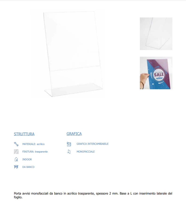 Porta avvisi da banco in Plexi con base a L Monofacciale - A4 orizzontale
