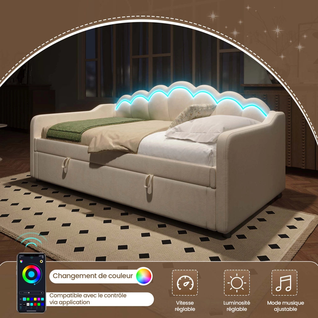 Letto a Divanetto 90 x 200 cm; Letto Singolo con Contenitore e LED Regolabile - Beige