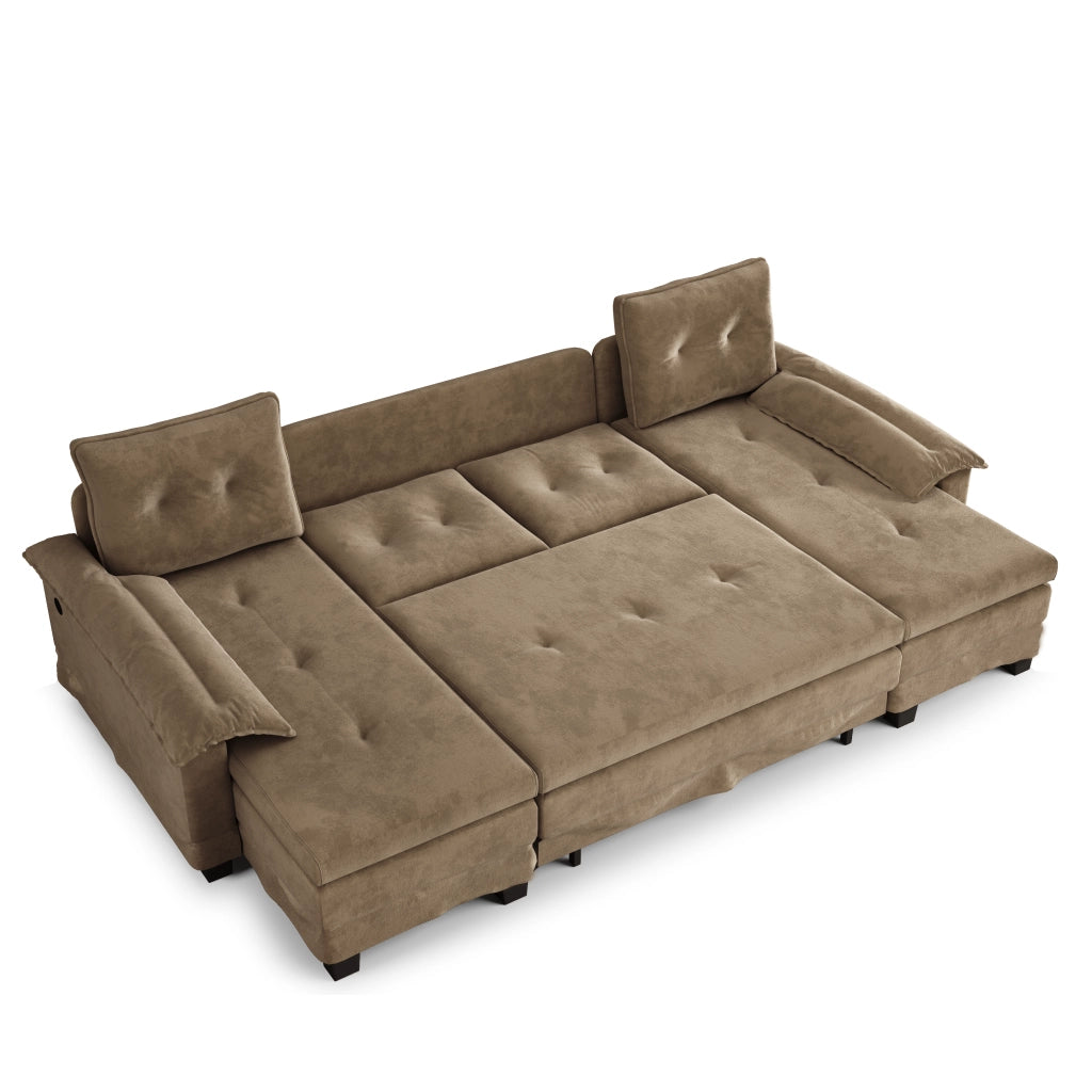 Divano Letto Angolare Modulare ¨C MINIMAL ¨C Tessuto Khaki, con USB, Braccioli Rimovibili, 278 cm