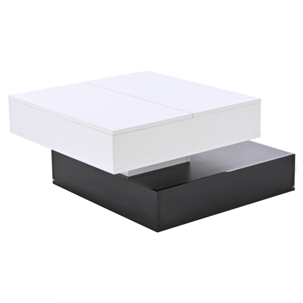 Tavolino da caffè 70x70 cm con piano girevole 360°, 3 cassetti, vano contenitore, bianco e nero