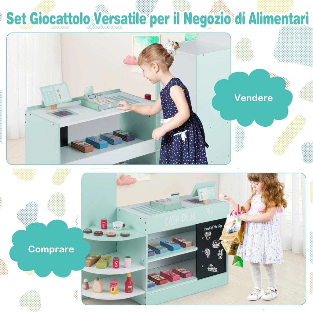 Negozio Alimentare per Bambini, Set di Giocattoli Supermercato in Legno con Cassa, Macchina POS, Distributore Automatico, Lavagna Scrivibile, per Bambini 3-8 Anni (Verde)
