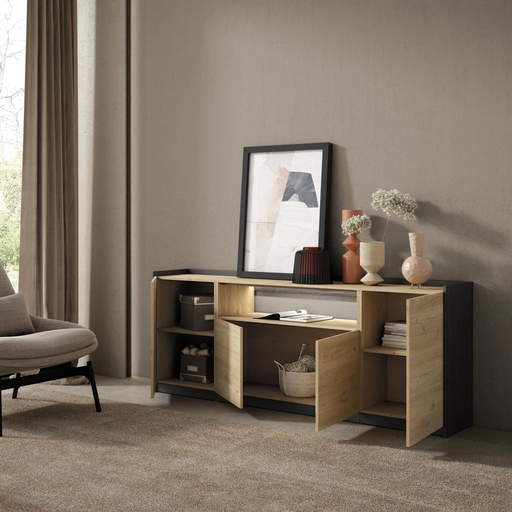 Credenza, Mobile, Cucina, 207x80x37 cm, 4 Porte, LED, Rovere e nero