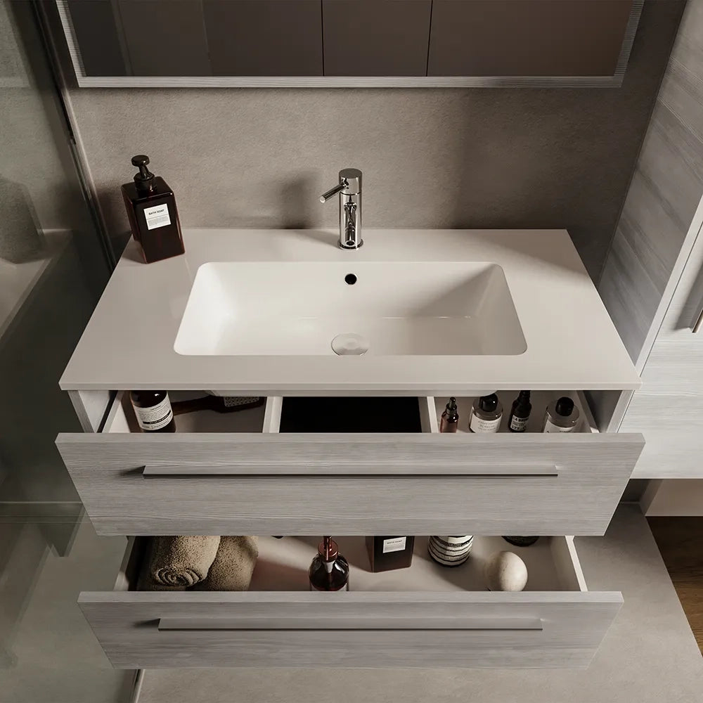 Mobile bagno sospeso 90cm rovere cenere due cassetti soft-close con lavabo e specchio | Aoki