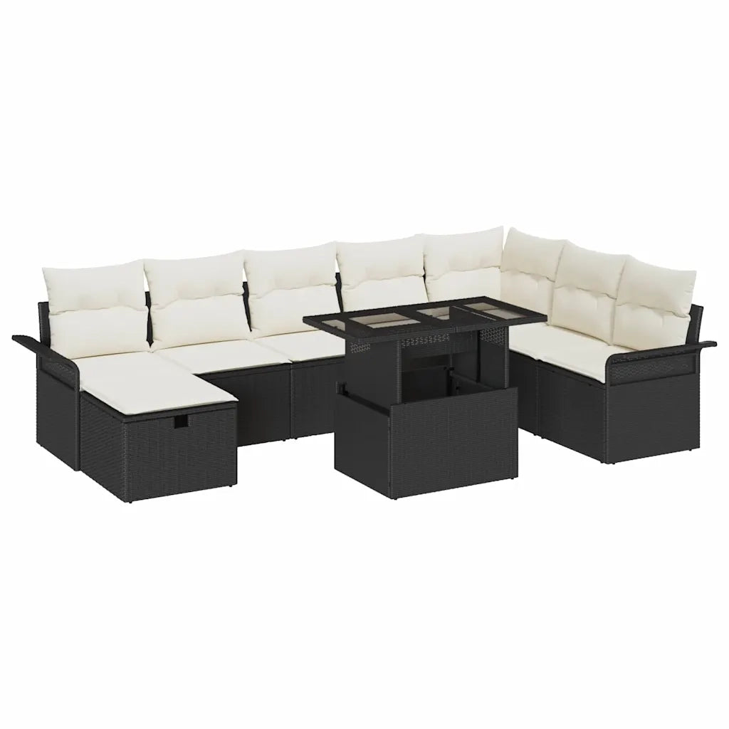 Set Divano da Giardino con cuscino 9 pcs Nero Poly Rattan