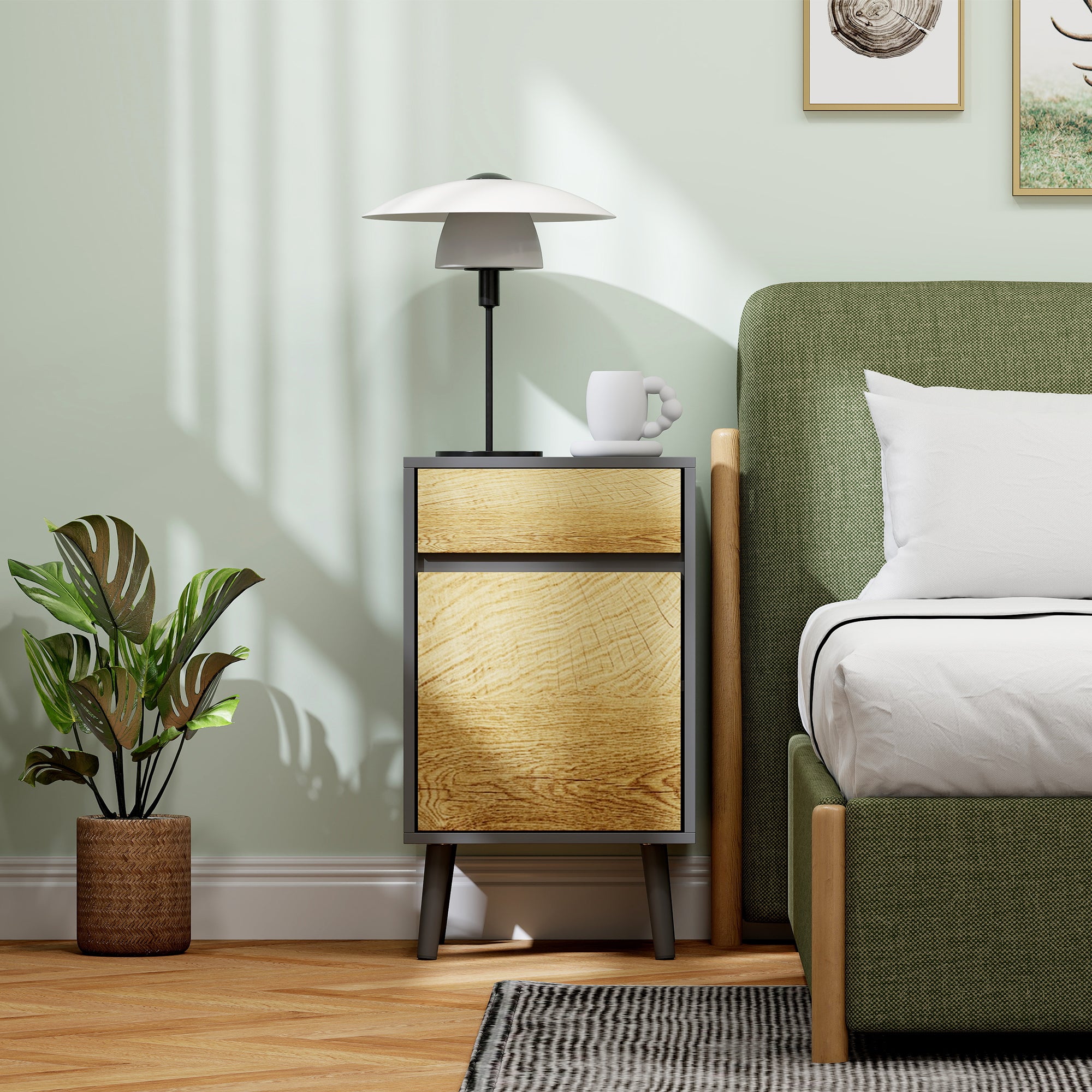 Comodino Moderno 40x39x69 cm con Cassetto e Armadietto in Truciolare Senza Maniglie Grigio Scuro e Legno