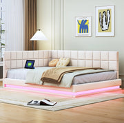 Divano letto 140x200 cm con LED a colori variabili e USB in lino beige