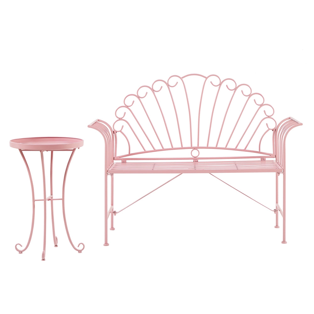 Set panca da esterno in metallo rosa a 2 posti con braccioli svasati con tavolo in stile vintage