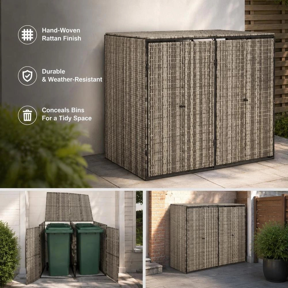 Bin Storage Unit For 2 Bins, Grey, 140x80x117 Cm, Poly Rattan