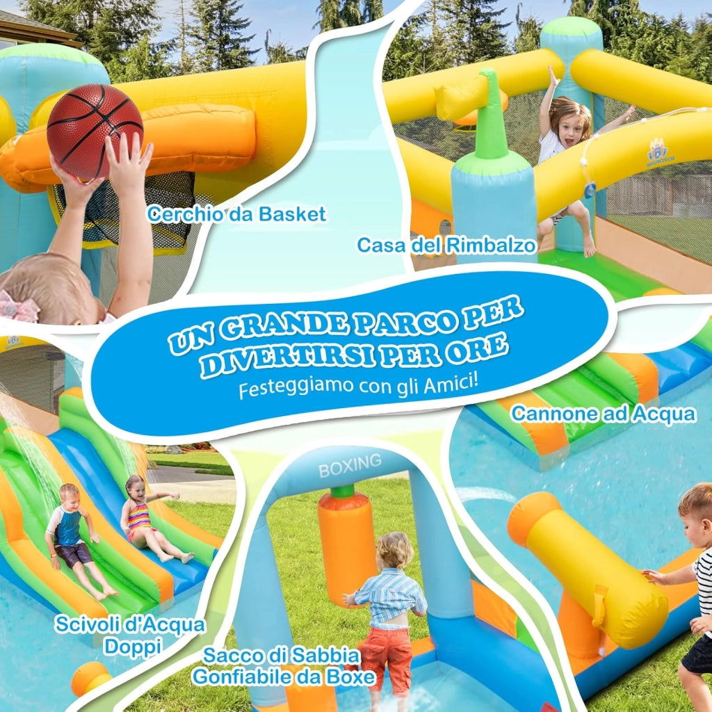 Castello Gonfiabile per Bambini, Casa Gonfiabile con 2 Scivoli, Piscina, Cannone d'Acqua e Sacco da Boxe, per 2 Bambini 3-10 Anni, 503 x 348 x 228 cm