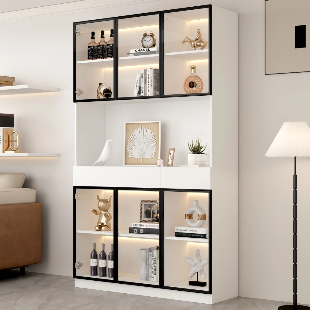Libreria Vetrina con Ante e LED ¨C MINIMAL ¨C Bianco e Nero, Ripiani, Soggiorno Ufficio