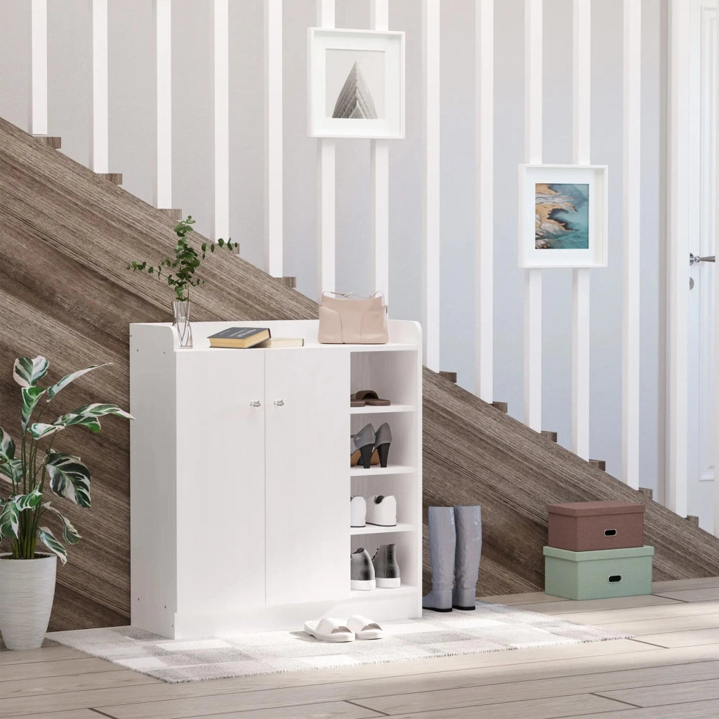 Scarpiera moderna con anta e ripiani aperti, 83x30x90 cm, colore bianco