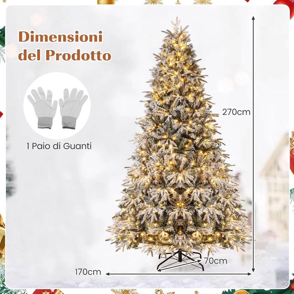 Albero di Natale Innevato 270 cm, Albero di Natale Innevato Pre-illuminato con 600 Luci LED Bianco Caldo, 2198 Punte di Rami e Base in Metallo Pieghevole (270 cm)