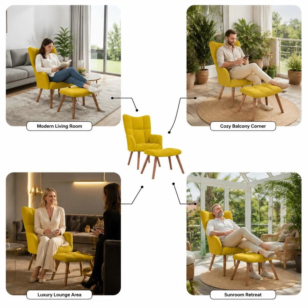 Reclining Armchair With Footstool, Mustard Yellow Velvet