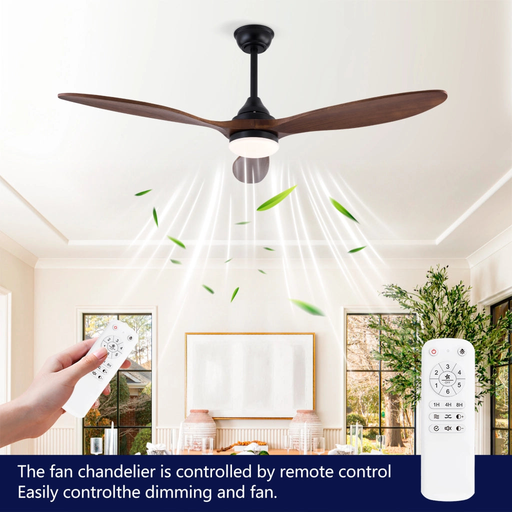 Ventilatore da soffitto da 52 pollici con luce LED dimmerabile; 3 pale in legno; nero e noce scuro