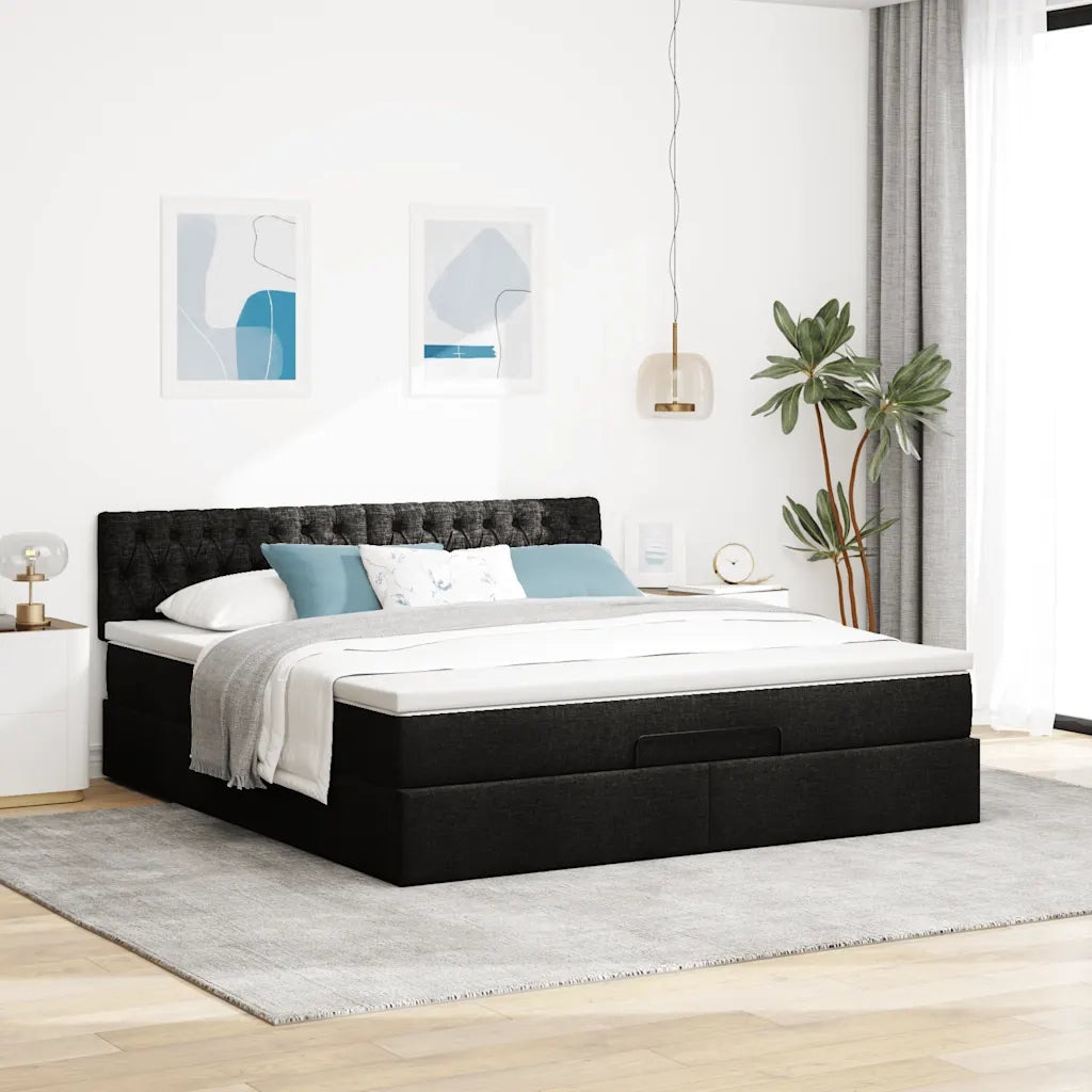 Struttura Letto Pouf con Materasso Nero 160x200 cm in Tessuto 3311555