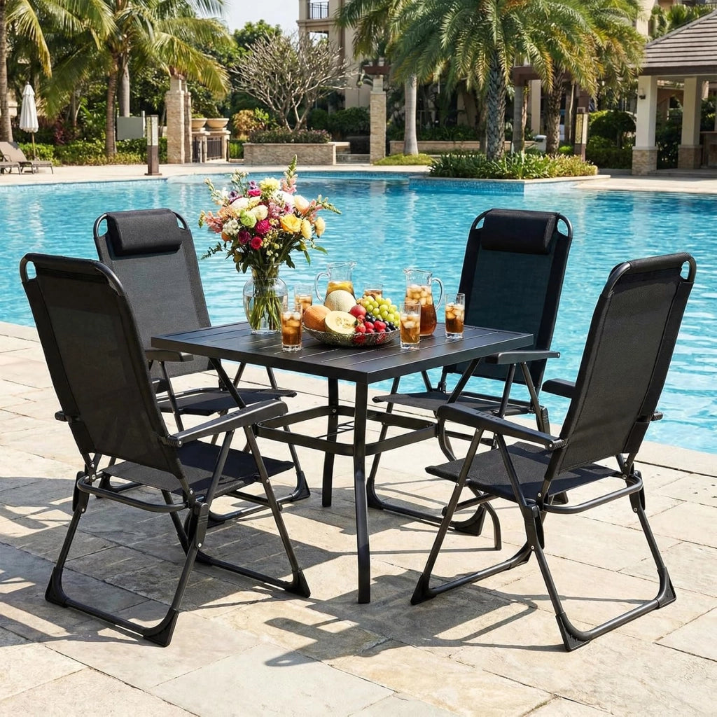 Set di 6 sedie da giardino, pieghevoli, da campeggio con poggiatesta, con 5 schienali regolabili, da balcone, da giardino, terrazza, campeggio, nero, 6 pezzi