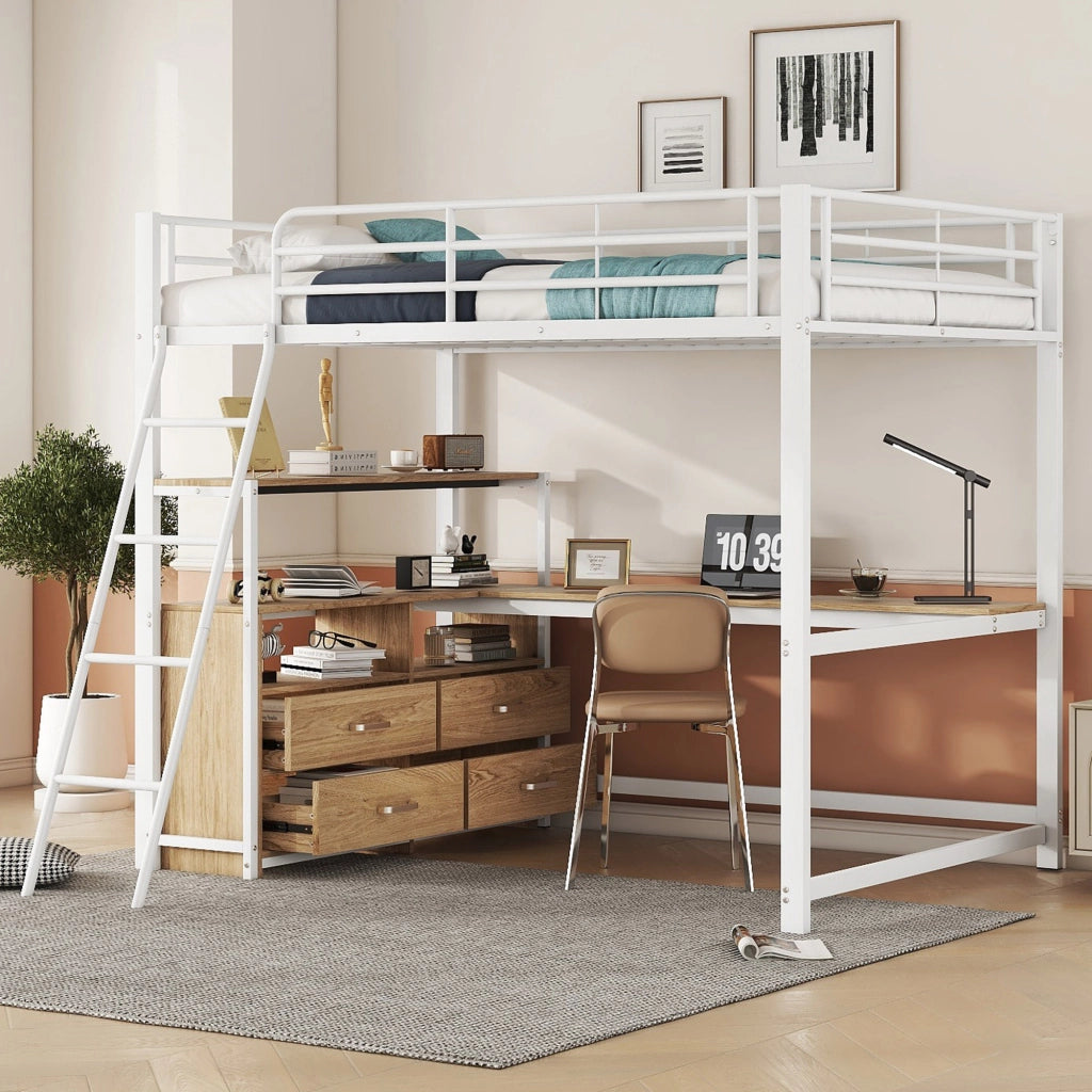 OKWISH Letto a soppalco 140×200 cm, Letto Matrimoniale con Scrivania a L, 4 Cassetti, Mensole e Contenitore, senza Materasso, MDF e Metallo, Bianco