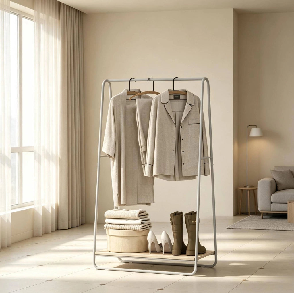 Appendiabiti 80x44x140 cm con ripiano porta scarpe in metallo e pannello truciolare