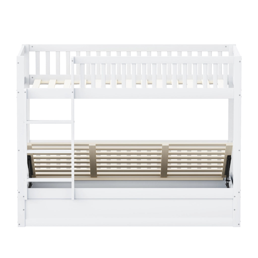 Letto a Castello 90x200 cm con Contenitore Idraulico; Scala di Sicurezza in Legno Bianco