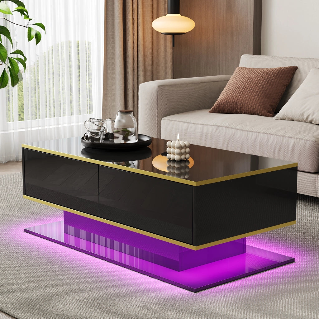 Tavolino da caffè 100x50x40 cm; con LED e 3 cassetti; finitura lucida; truciolato; nero e oro