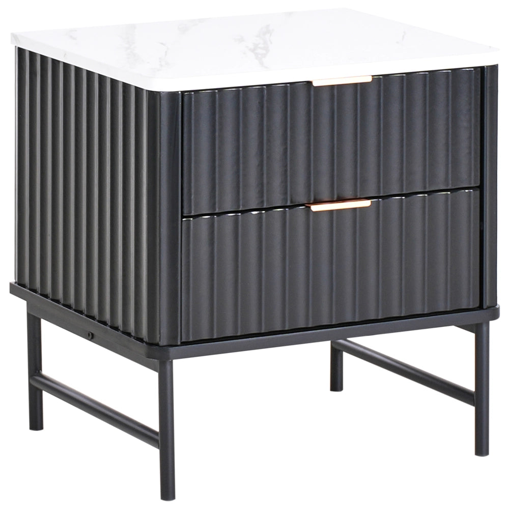 Comodino nero effetto marmo con 2 cassetti stile moderno