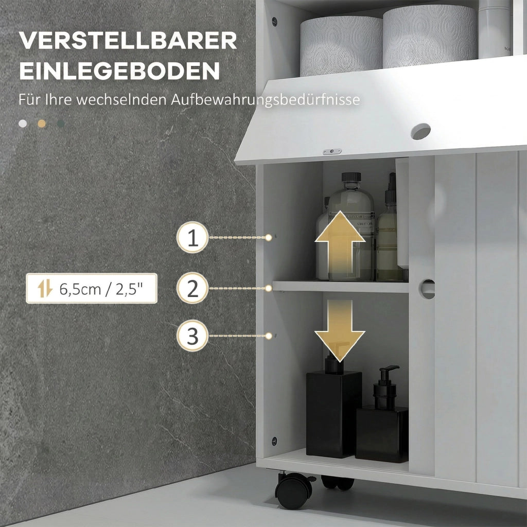 Mobile Bagno Stretto con Ante Scorrevoli, Ripiani Regolabili e Ruote ¨C Zephmum ¨C Bianco
