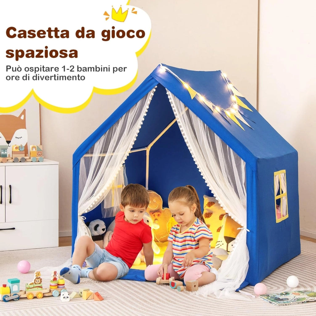 Tenda da Gioco per Bambini, Casetta per Bambini con Tappeto in Cotone Lavabile Luci Stellari e Finestre, Tenda del Castello, 122x105x125 cm (Blu)