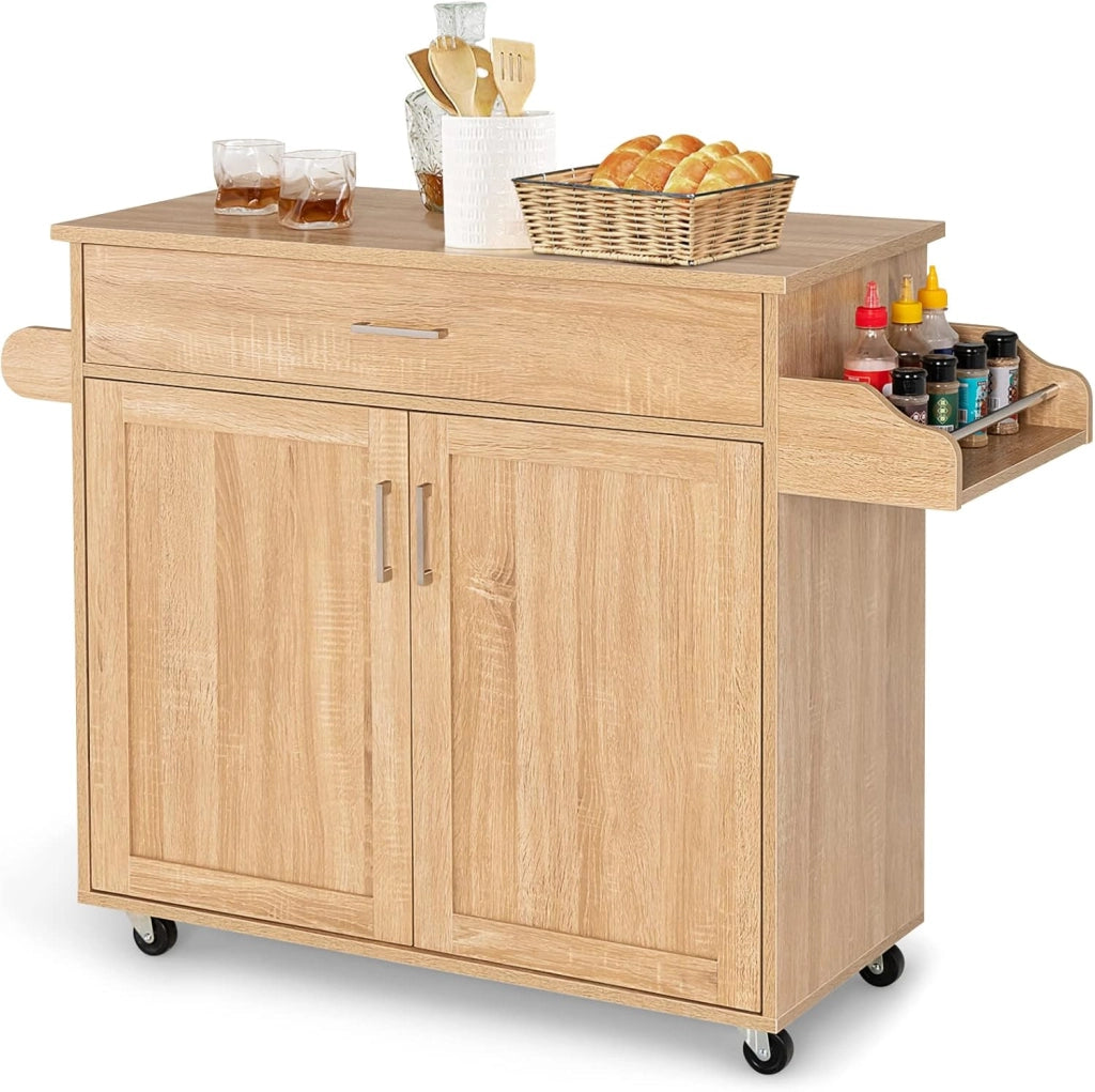 Carrello da Cucina, Credenza Mobile con Cassetto, Anta Doppia, Portaspezie e Portasciugamano, Ripiani Regolabili, Ruote con Freni, Portata di 50 kg, 116x40x85 cm, 4 Colori (naturale)