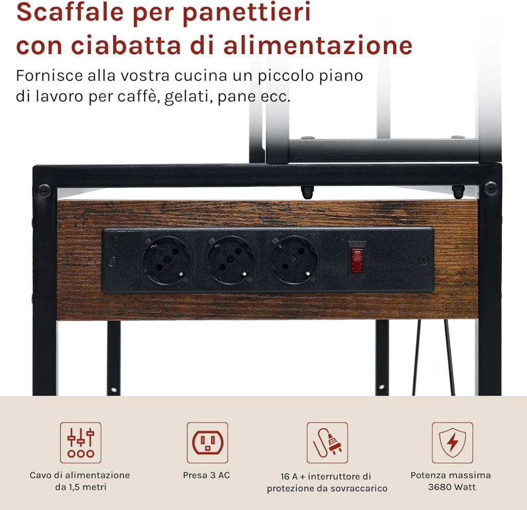Scaffale da Cucina a 6 Livelli con Prese di Corrente, Scaffale per Microonde con Struttura in Metallo e Piano di Lavoro Aperto, Nero+Marrone Rustico, 80x39,5x167cm