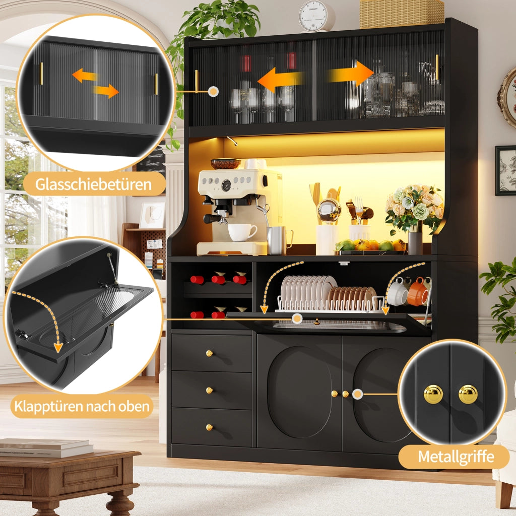 Credenza alta con vetrina, 3 cassetti, portabottiglie e ante a ribalta, per cucina e pranzo, nero, 120 × 40 × 180 cm
