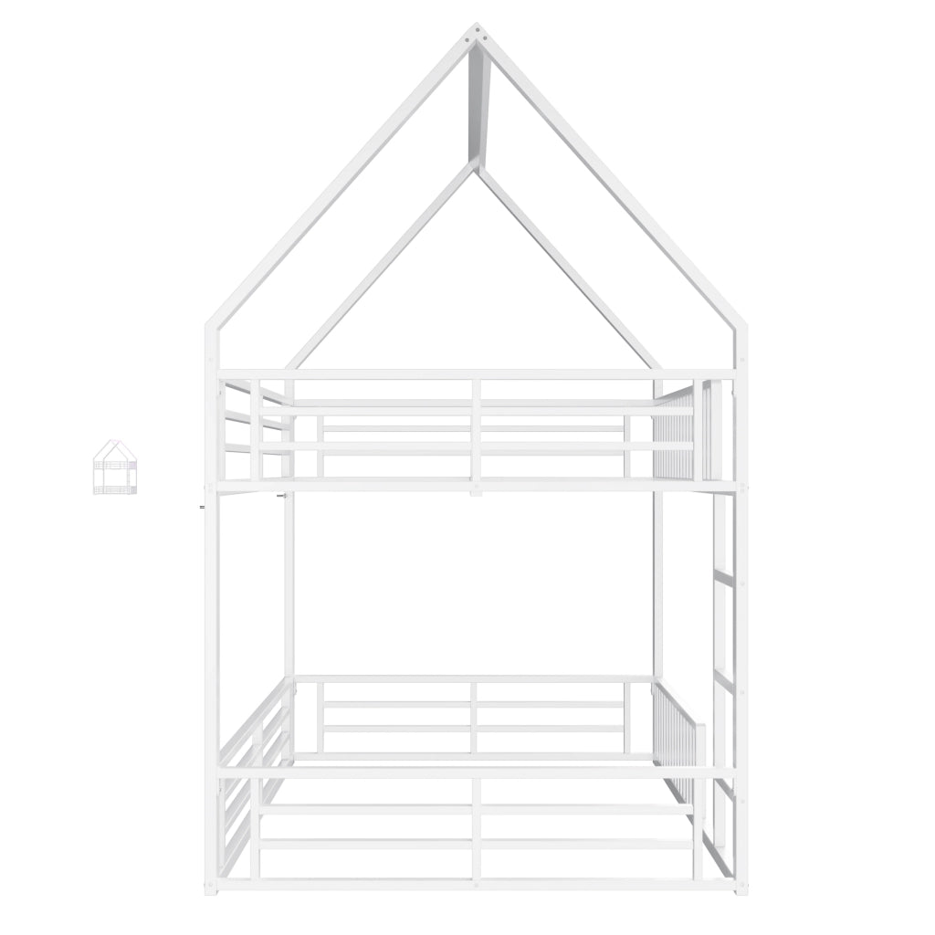 Letto a Castello 140x200 cm; 2 Posti; con LED e Parapetto a Staccionata; in Metallo; Bianco