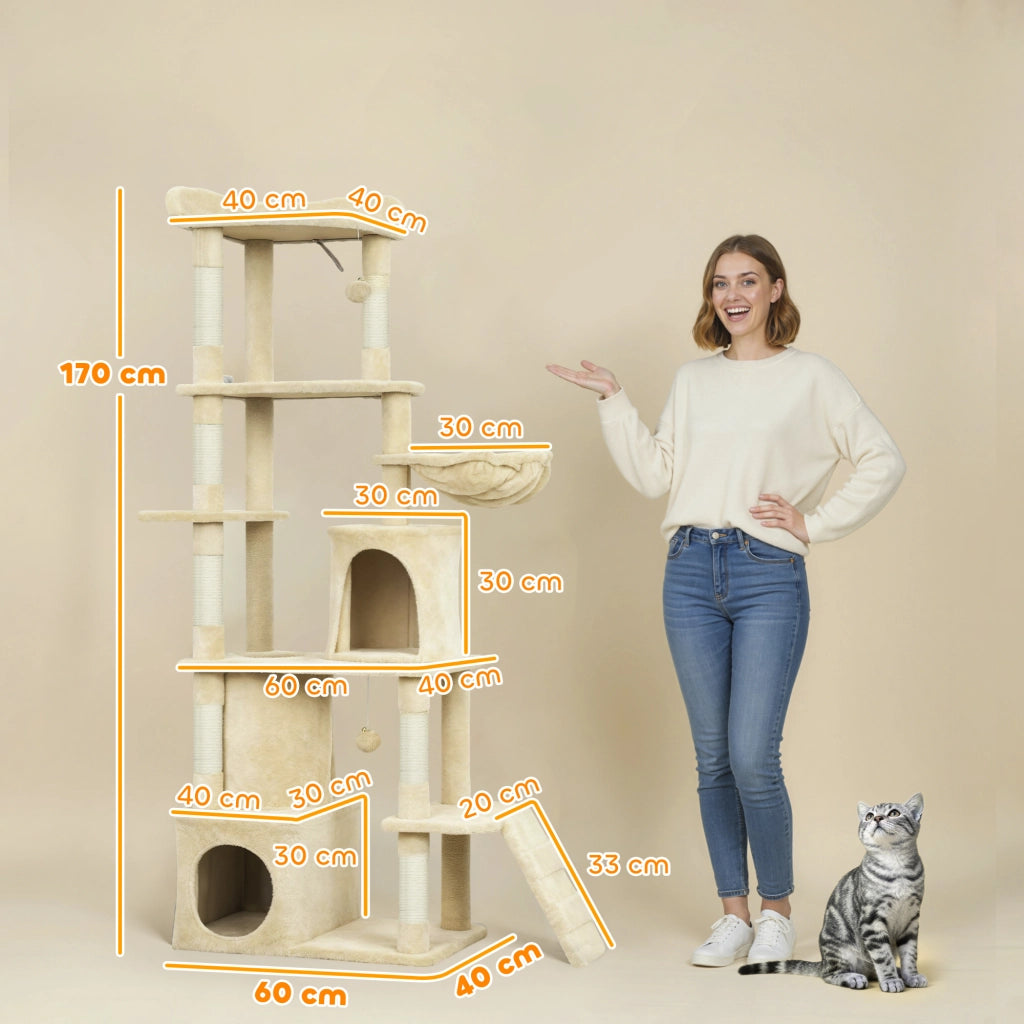 Albero tiragraffi per gatti con piattaforme, tunnel e amaca ¨C zephmum ¨C 170 cm, beige