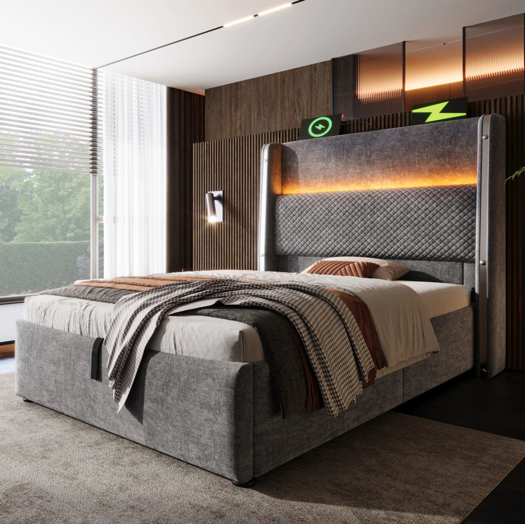 Letto 90x200 cm con testiera alta, LED, presa USB/Type-C e materasso incluso